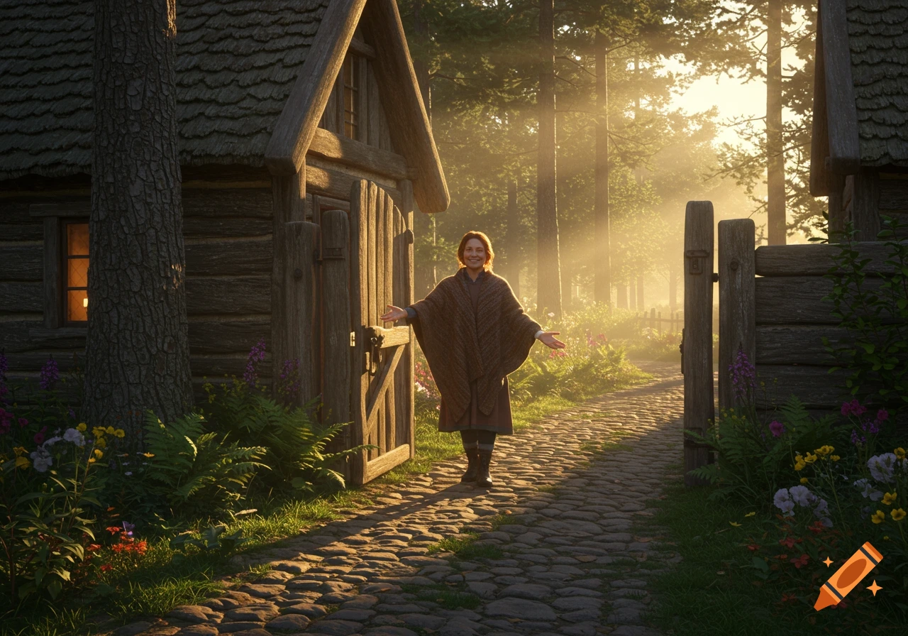 A smiling woman with outstretched arms stands on a cobblestone path in front of a rustic wooden cottage, with a sunlit forest behind her.