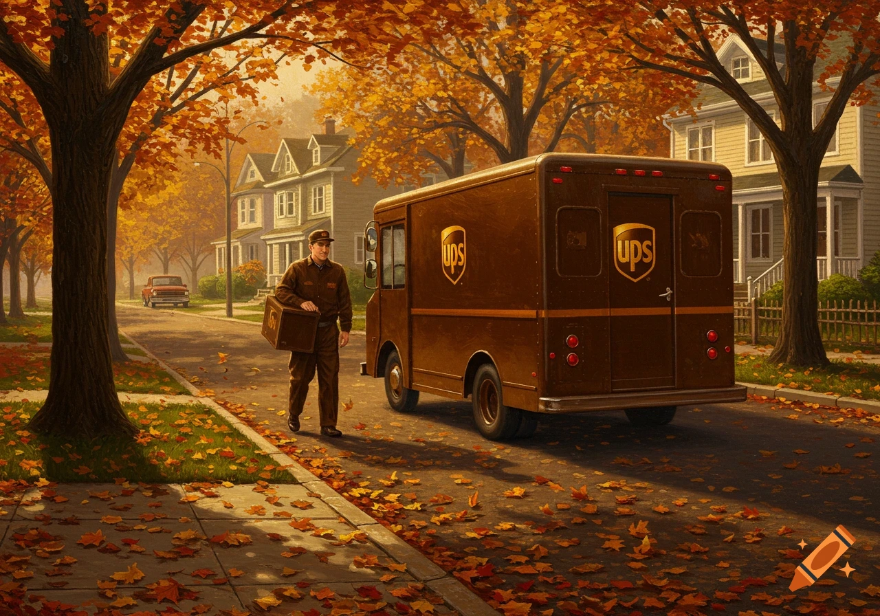 Old-style painting of a UPS delivery man carrying a package, walking beside a UPS truck on a leaf-strewn suburban street in autumn.