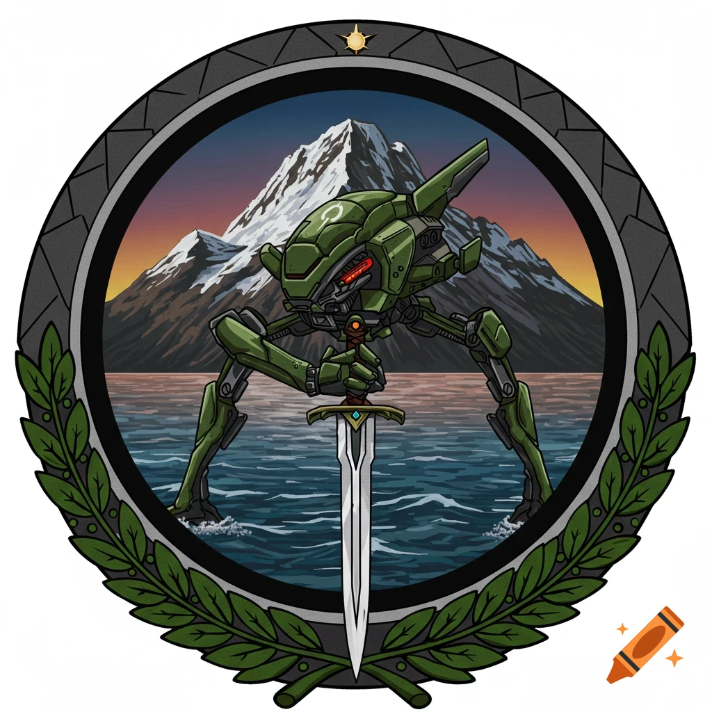 A military patch design featuring a green tripod robot holding a sword, set against a backdrop of mountains and a lake at sunset, all framed by a laurel wreath.