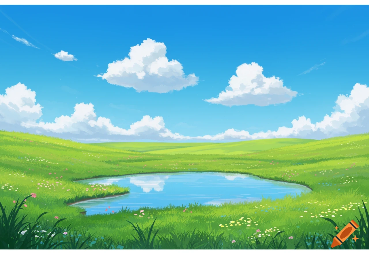 A tranquil anime-style landscape featuring green rolling hills, a calm pond reflecting a bright blue sky, and fluffy white clouds.