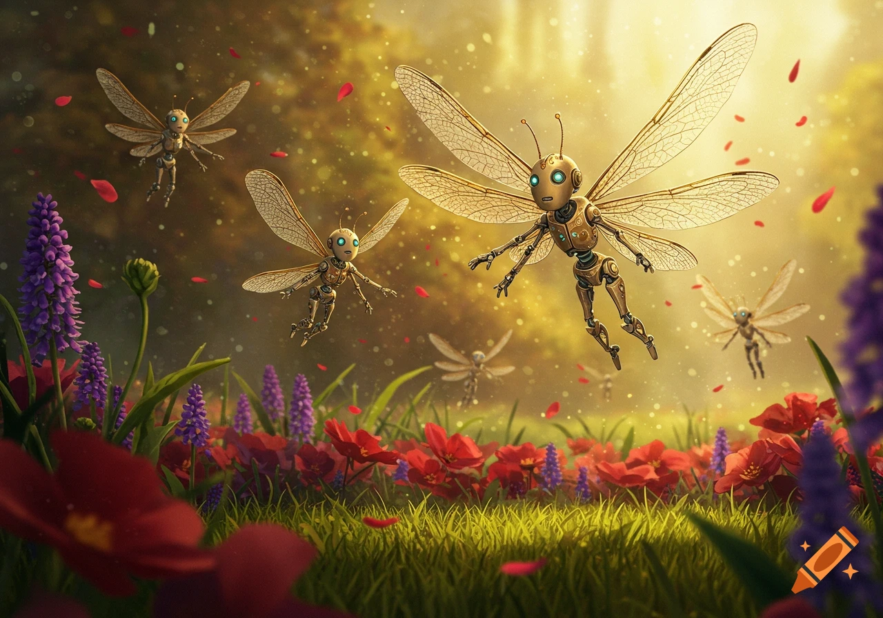Tiny mechanical robots with large, translucent wings fly over a vibrant field of red and purple flowers in a sunlit, magical forest.