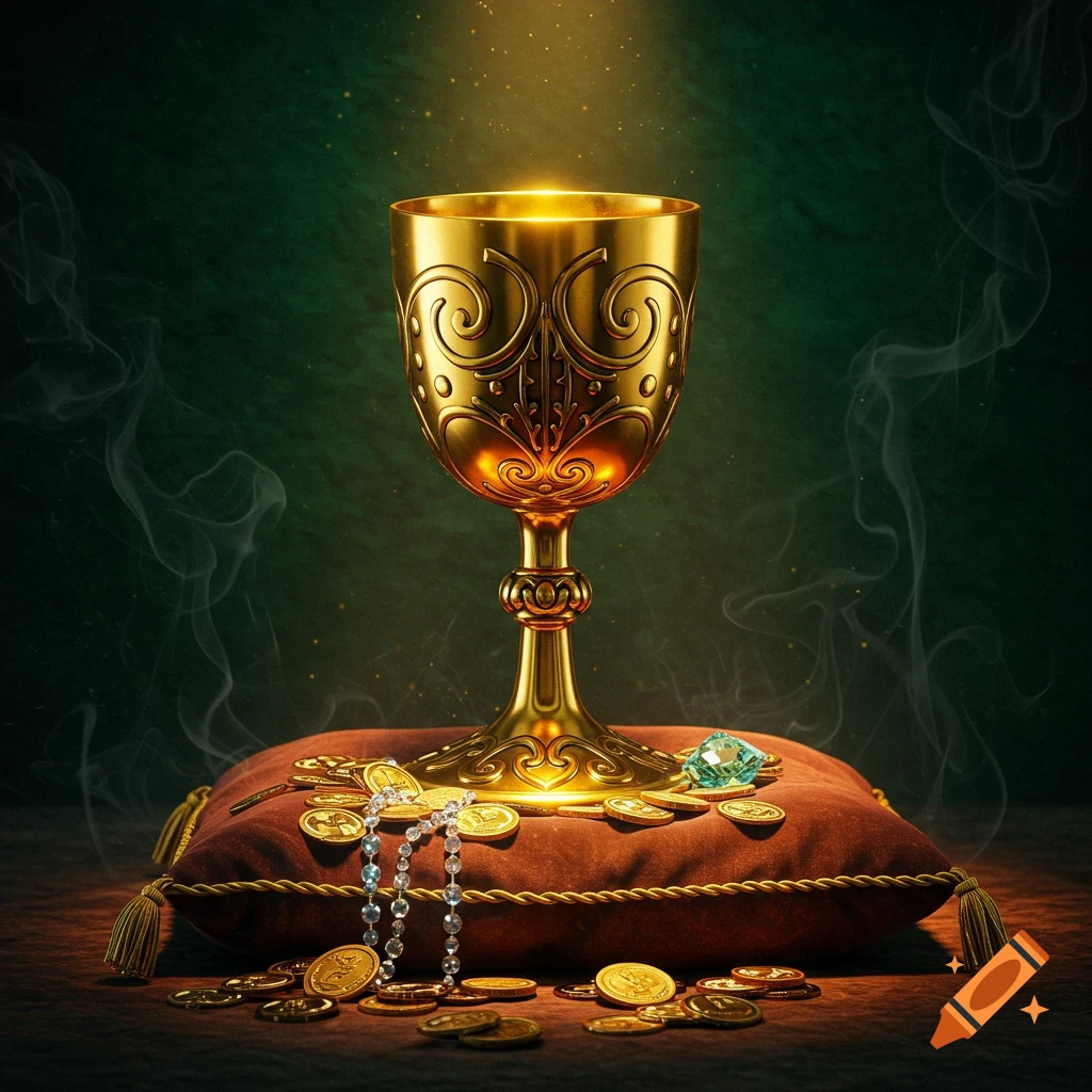 A glowing golden goblet with ornate designs sits on a red velvet pillow surrounded by gold coins, a large blue gem, and a beaded necklace.