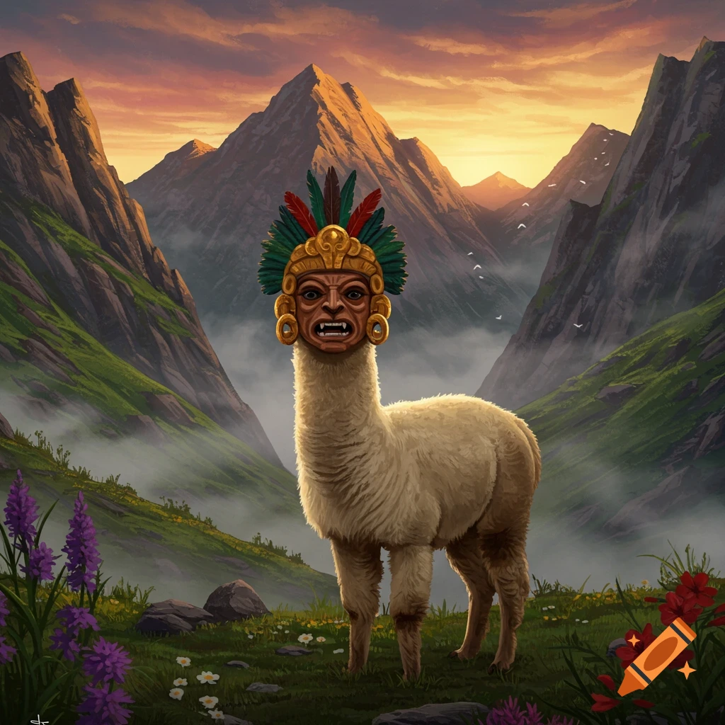 An alpaca with an ornate, fierce ancient mask for a head stands in a misty mountain landscape at sunset, with purple and red flowers.