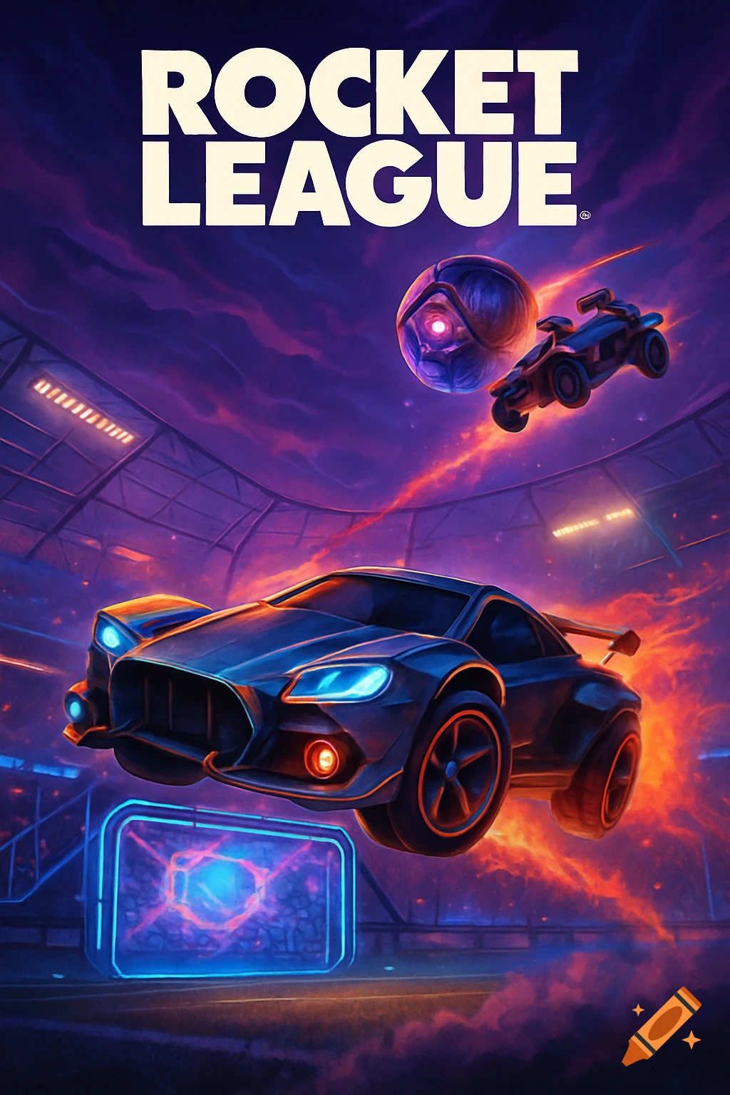 A stylized Rocket League poster featuring a futuristic car and ball in a vibrant, futuristic stadium.
