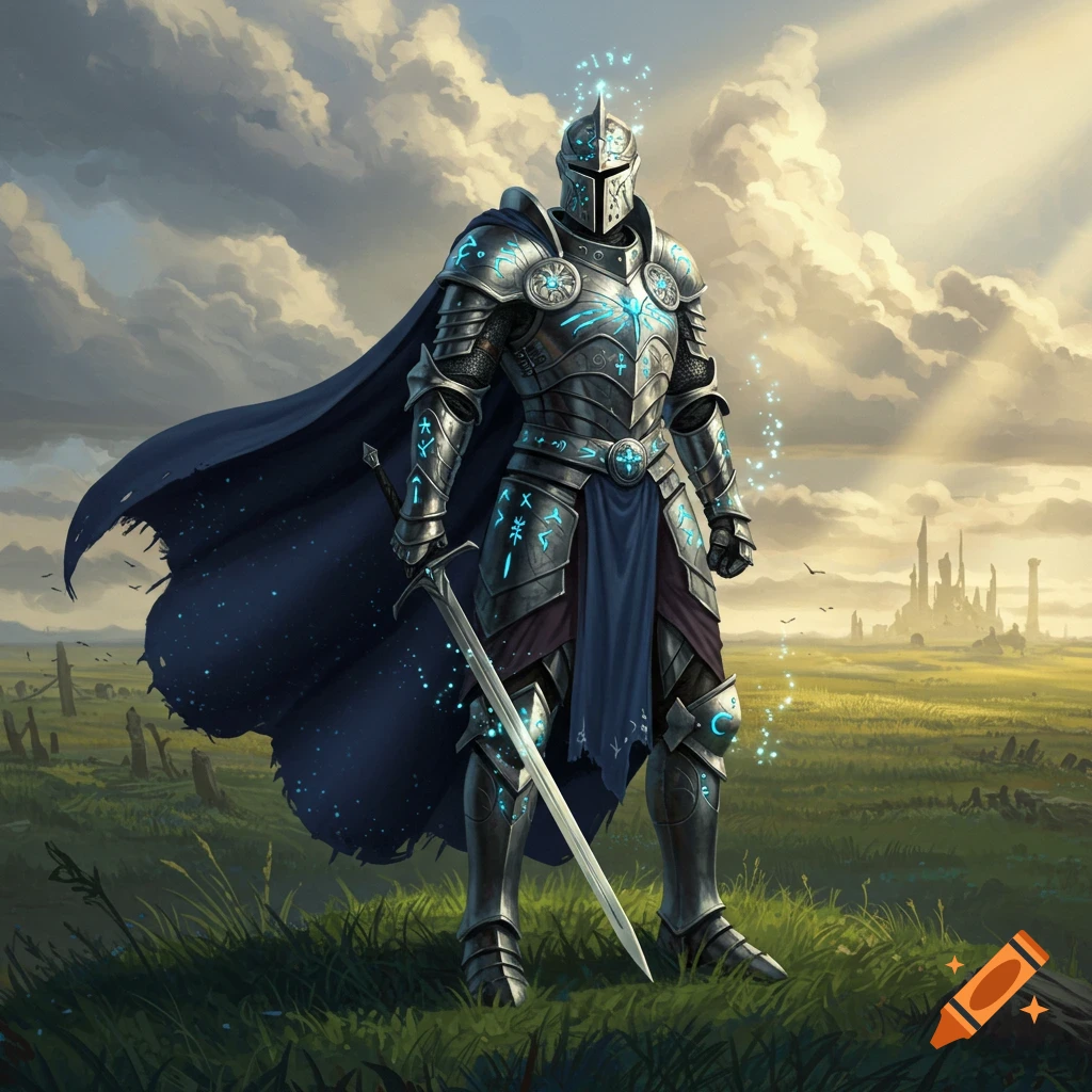 A fantasy knight in detailed glowing blue and silver armor stands in a field with a sword, under a dramatic sky.
