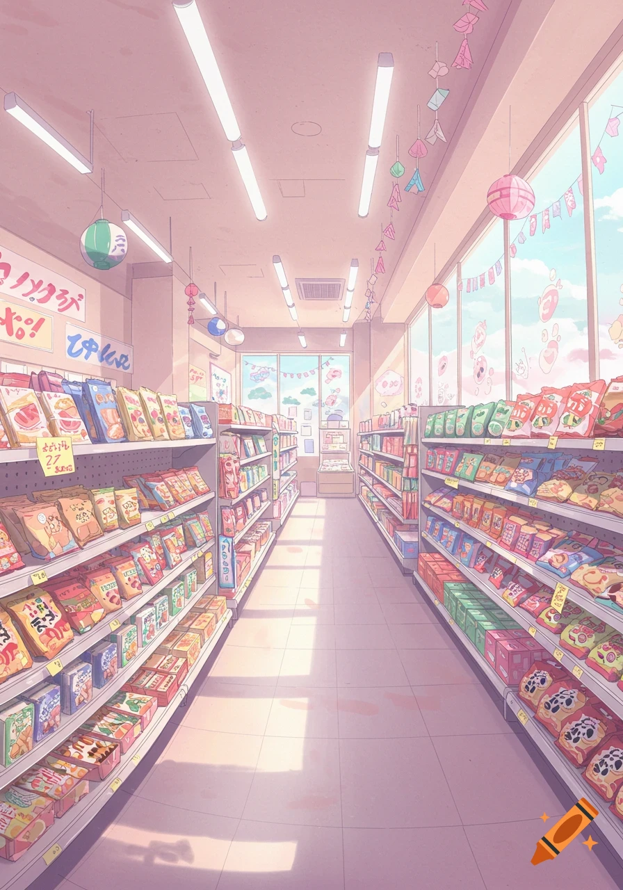 An anime-style interior view of a pastel pink Japanese convenience store, with shelves full of products under fluorescent lights.