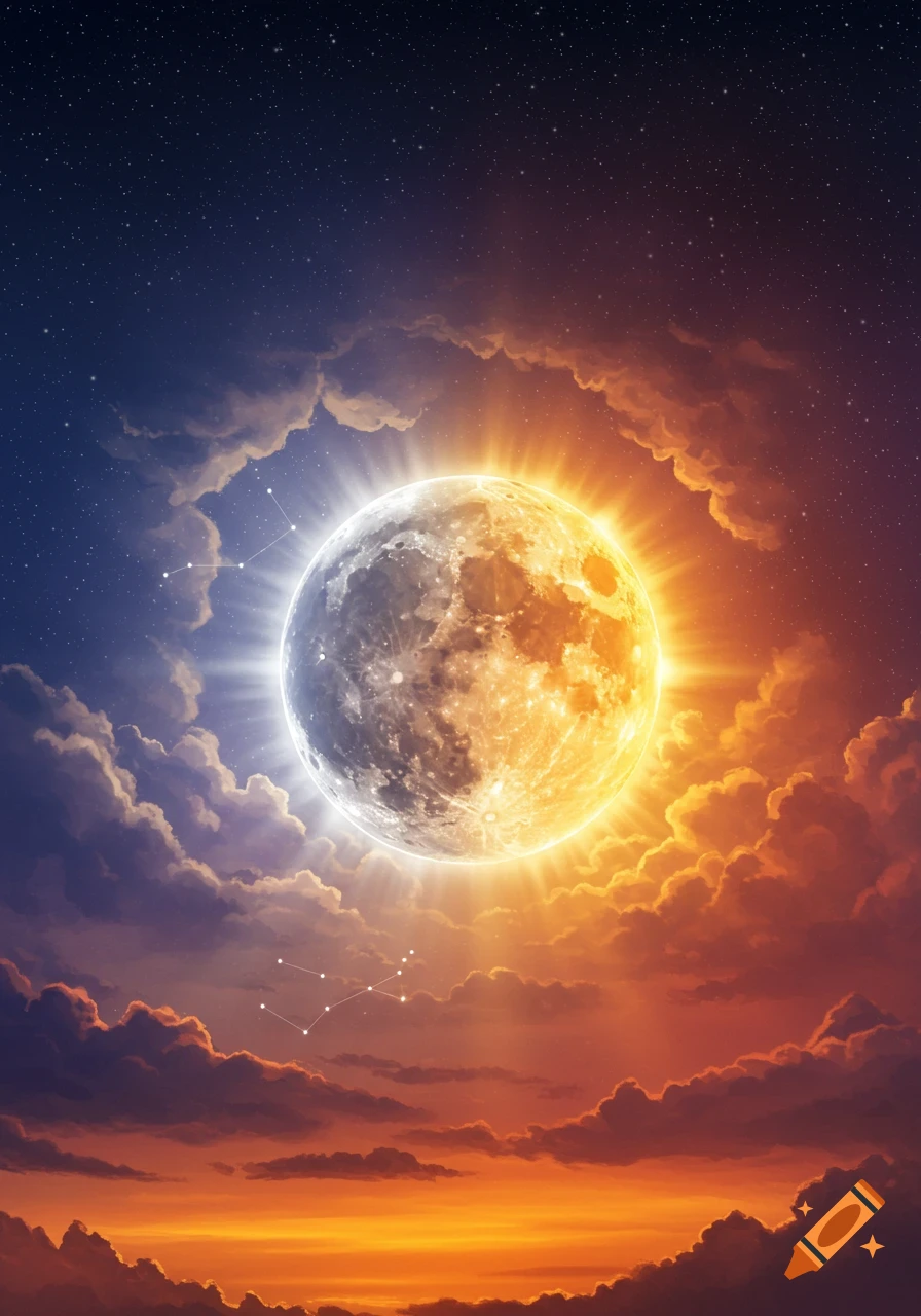 A vibrant, stylized moon and sun, glowing and merged, surrounded by orange and blue clouds and stars.