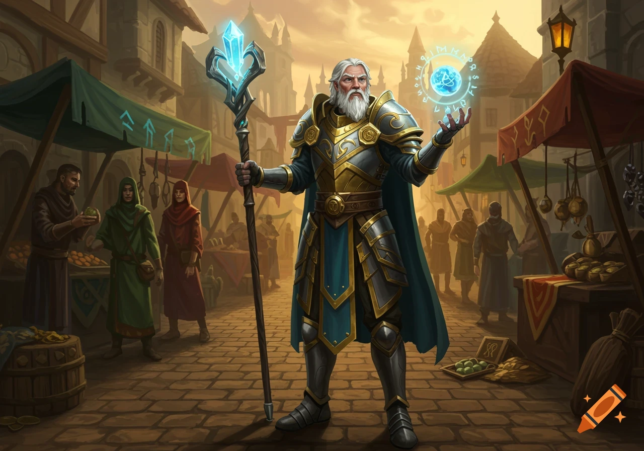 A powerful wizard in ornate armor holds a glowing staff and a magic orb in a bustling medieval marketplace.