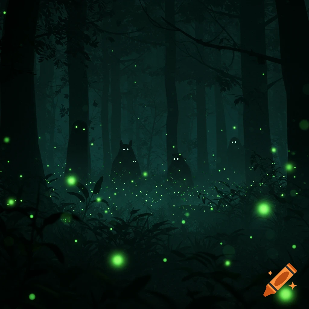 A dark, misty forest at night with shadowy figures and bright green fireflies illuminating the foreground.