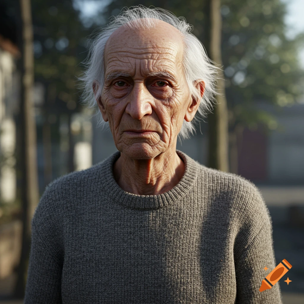 Photorealistic portrait of a very old, skinny man with white hair and bloodshot eyes wearing a gray sweater.