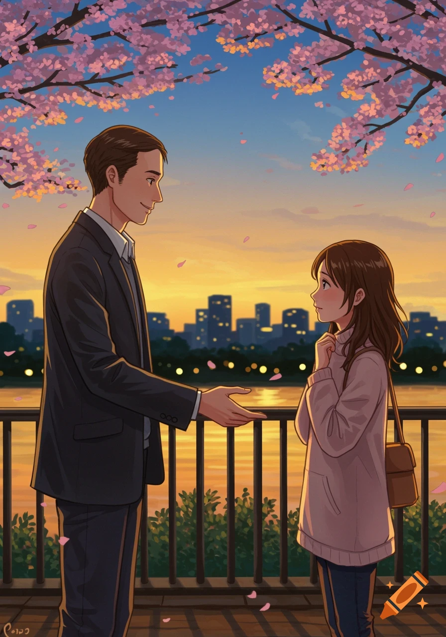 An anime-style image of a man and woman by a railing at sunset with cherry blossoms. The man extends his hand to the thoughtful woman.