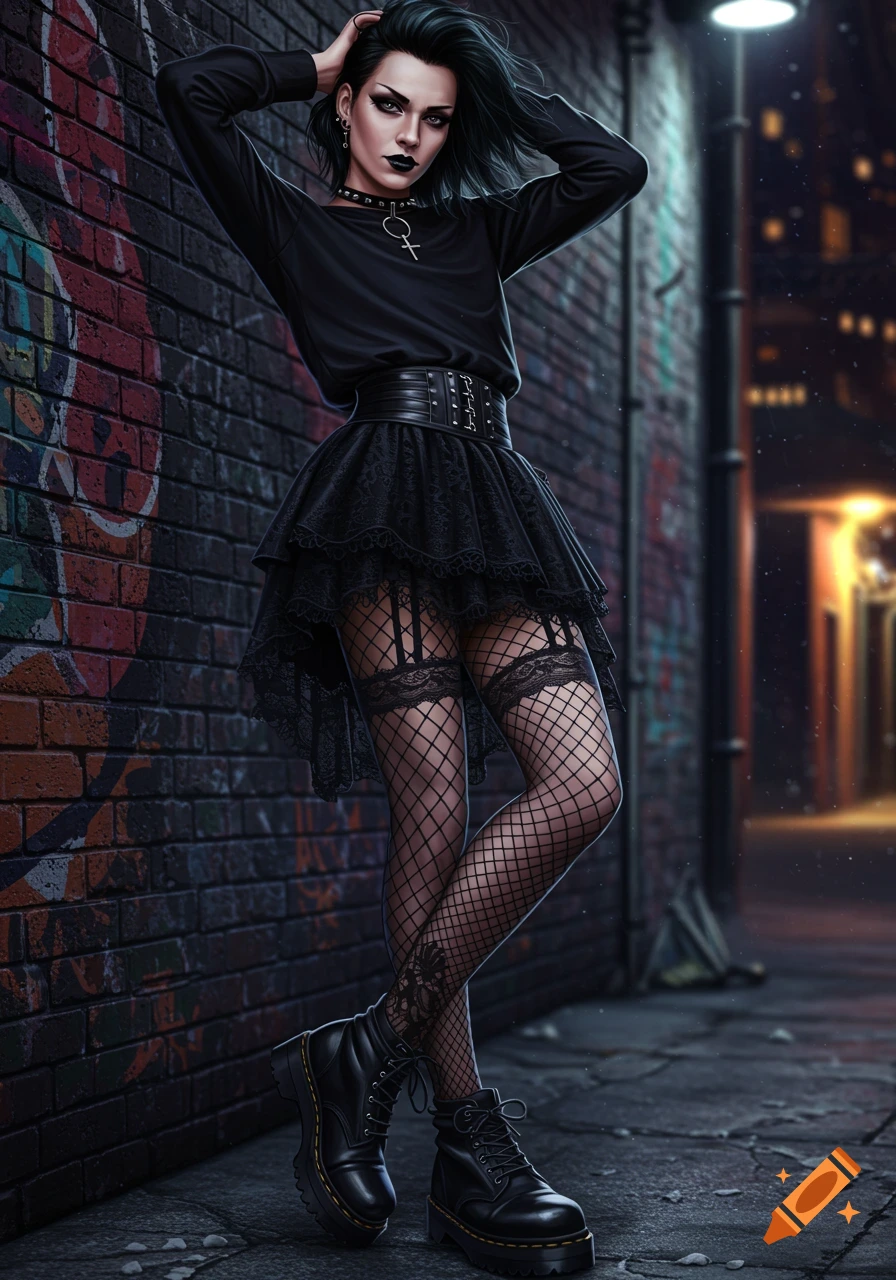 A woman in goth fashion (black outfit, fishnets, boots) leaning against a graffiti wall at night.