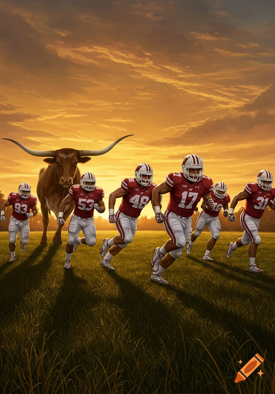 Illustrated scene of Wisconsin college football players running across a grassy field with a longhorn bull at sunset.