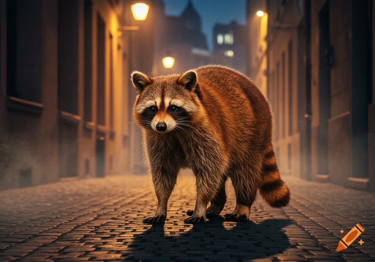 A photorealistic raccoon stands on a cobblestone street in a dimly lit city alley at night, illuminated by streetlights.