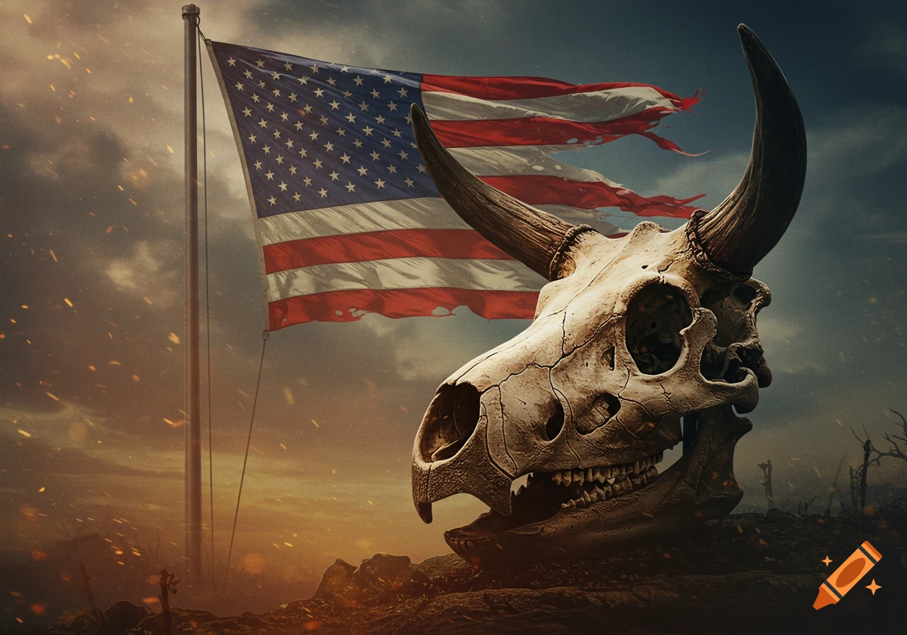 A large bull skull on cracked ground with a tattered American flag flying behind it under a dramatic, cloudy sky.