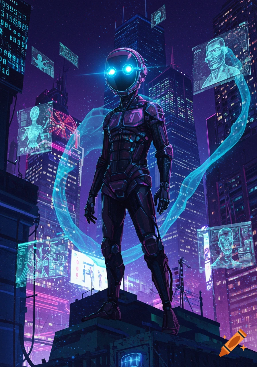 A robot with glowing eyes stands amidst a neon-lit cyberpunk city with holographic displays in a futuristic illustration.
