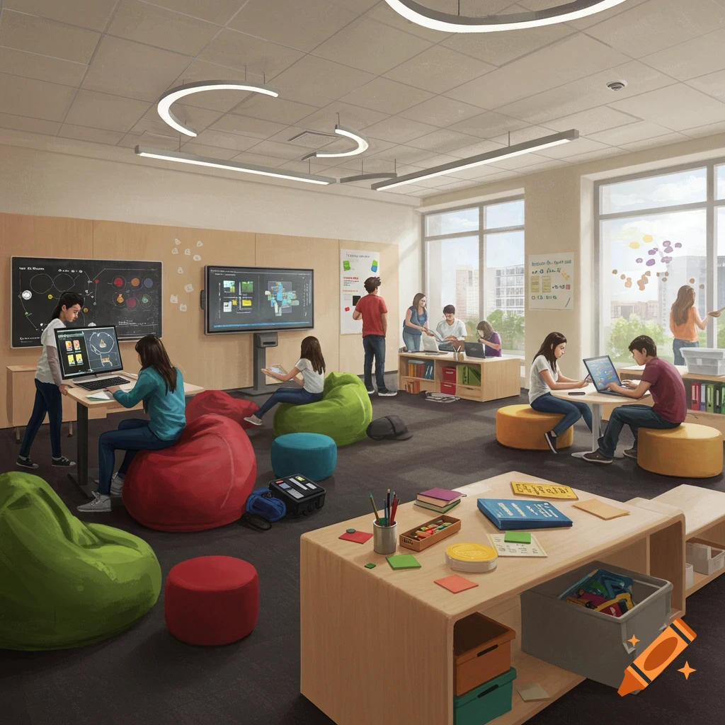 Students engaged in various learning activities in a modern, brightly lit classroom with beanbag chairs and individual workstations.
