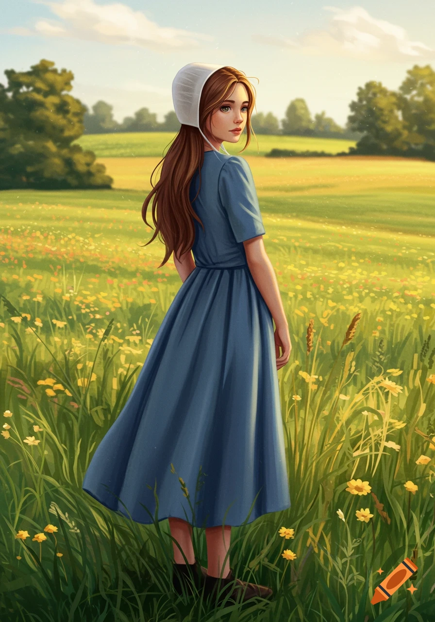 An illustrated young woman with long brown hair and a white bonnet stands in a sunny field of yellow wildflowers, looking over her shoulder.