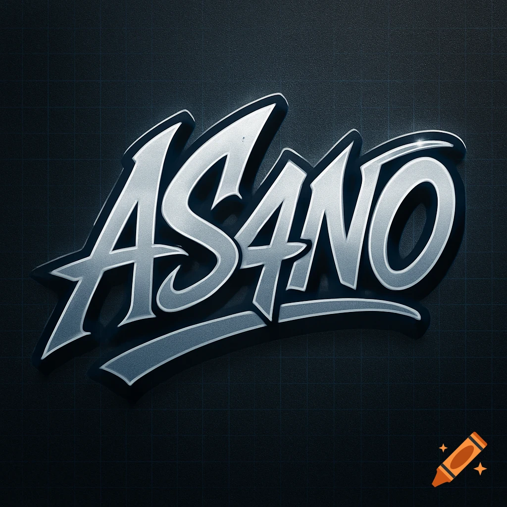 A stylized silver 3D logo for 'AS4NO' with a bold, swaggy font on a dark grid background.