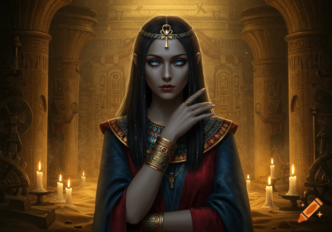 A photorealistic portrait of a dark-haired vampire queen with blue eyes, wearing ancient Egyptian attire in a candlelit temple.