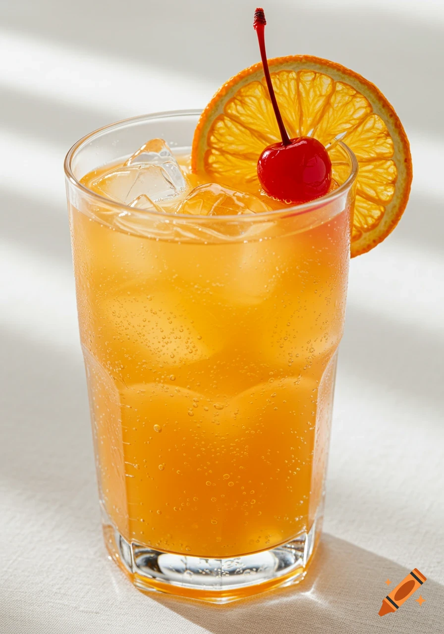 Photorealistic image of an orange mocktail with ice, garnished with an orange slice and maraschino cherry in a highball glass.