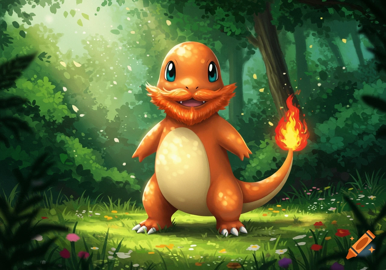 An orange Charmander with a bushy goatee stands in a vibrant sunlit forest clearing with small flowers.
