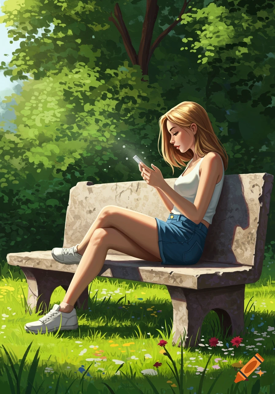 An illustrated young woman with blonde hair sits on a stone bench in a sunny park, looking at her glowing phone.