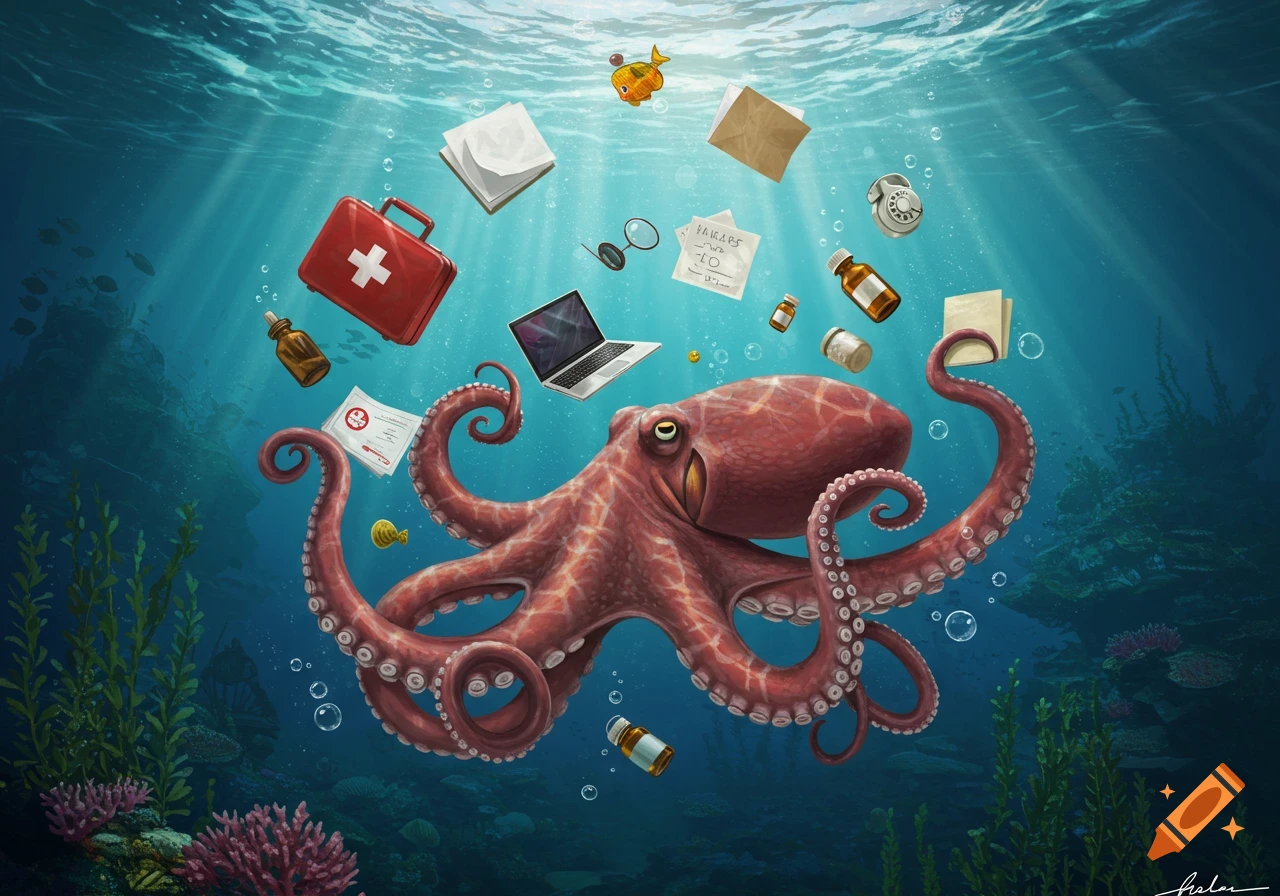 A large red octopus underwater juggles a red first aid kit, a silver laptop, a white rotary phone, papers, and medicine bottles, with sunlight filtering from above.