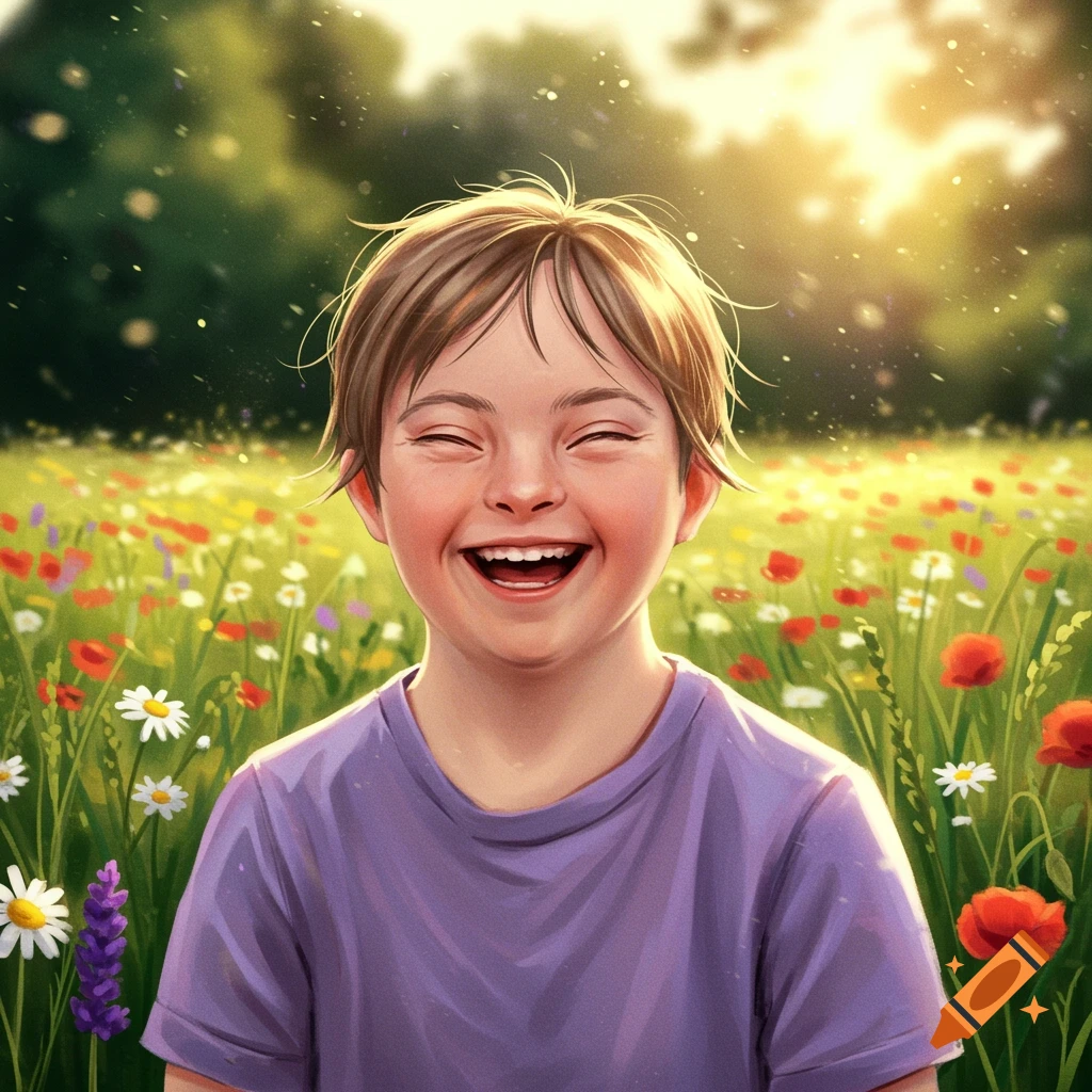 A joyful child with eyes closed, laughing broadly in a sunny field of colorful wildflowers, in a digital art style.