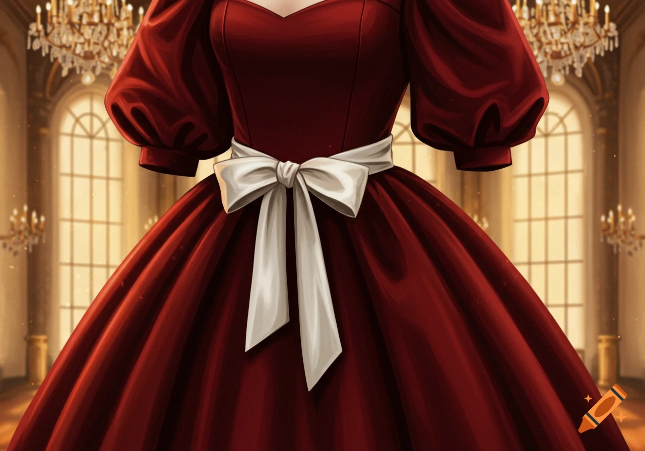 A dark red ball gown with a puffy skirt and sleeves, featuring a white sash, in an elegant ballroom setting.