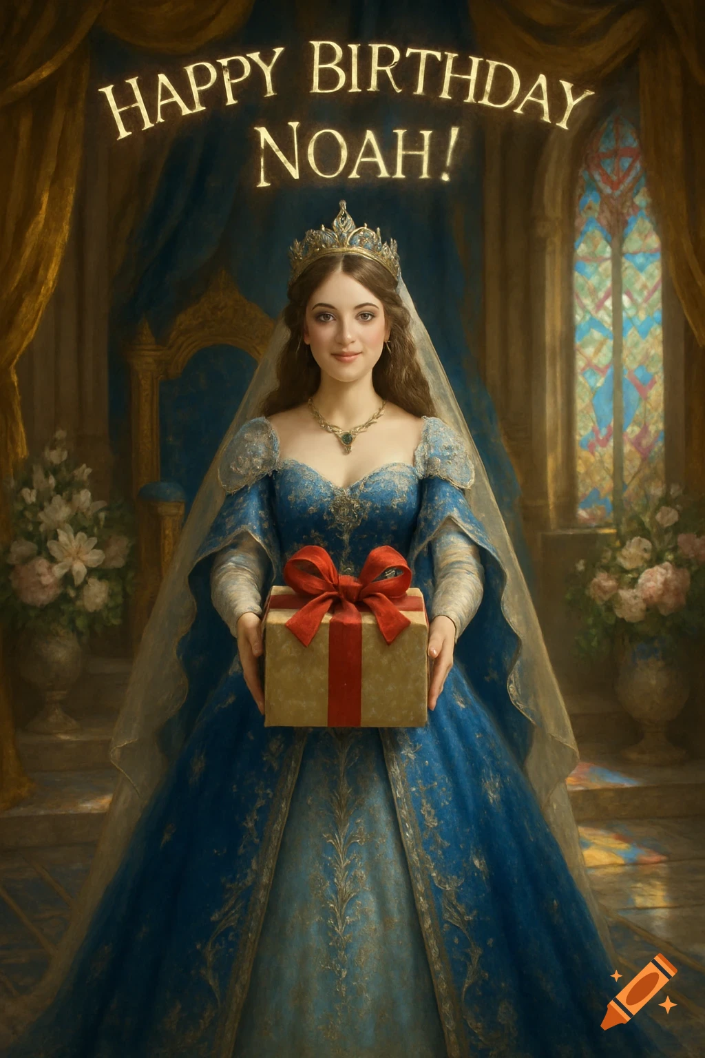 A princess in a blue and gold gown holds a gift in a grand room with "Happy Birthday Noah!" text above, painterly style.