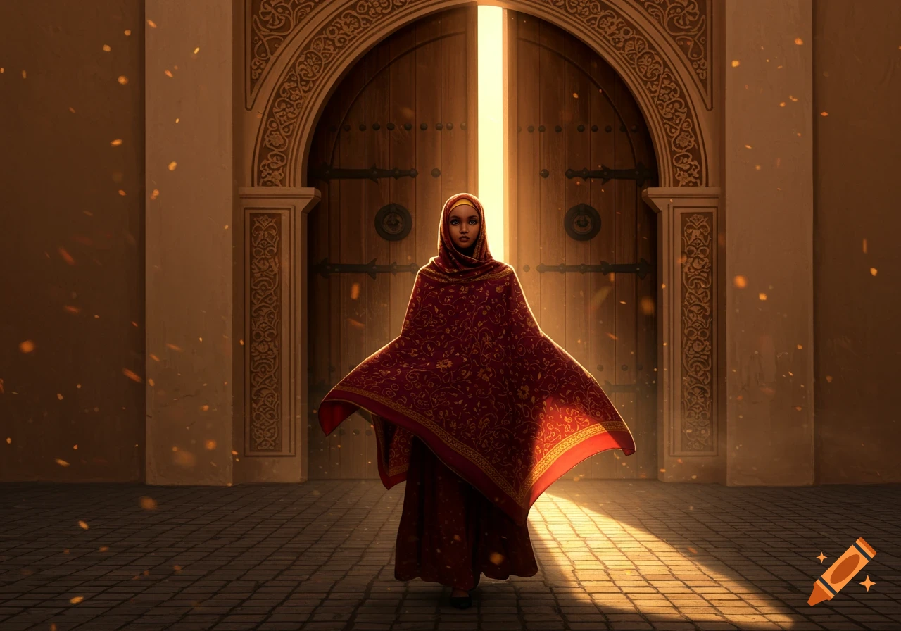 A young woman in a red hijab and traditional dress stands centrally before an open, arched wooden door glowing with bright light. Digital art style.