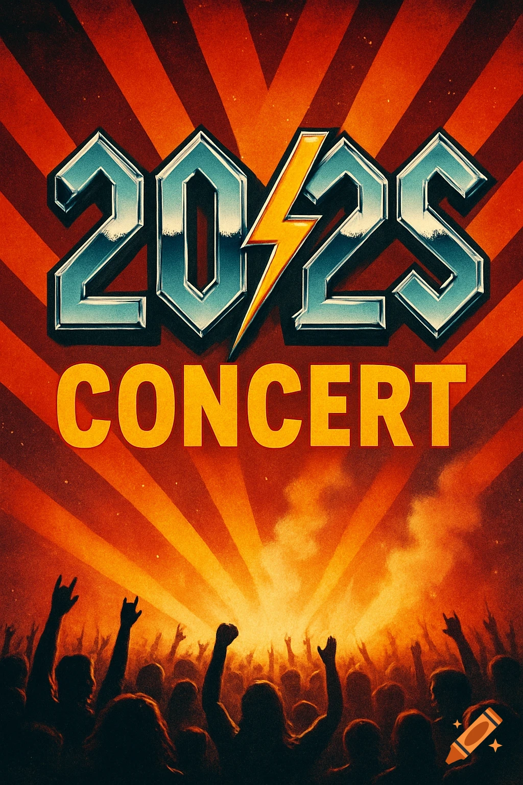 An 80s style concert poster with a metallic '20/25' logo featuring a lightning bolt, above 'CONCERT' text, and a crowd silhouetted against a radiant orange and red background.