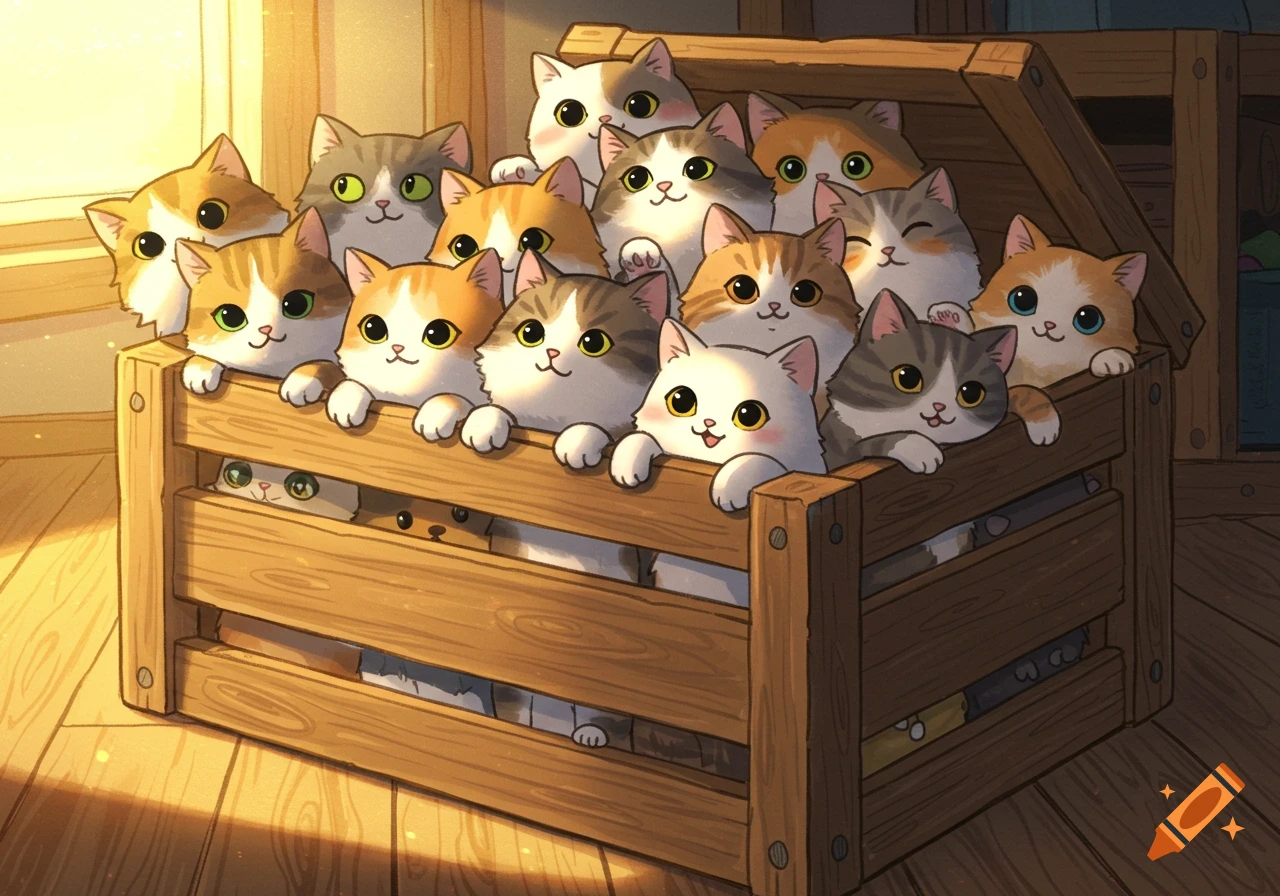 A cute, cartoon-style illustration of many fluffy cats of various colors peeking out from a wooden crate, some paws visible through the slats.