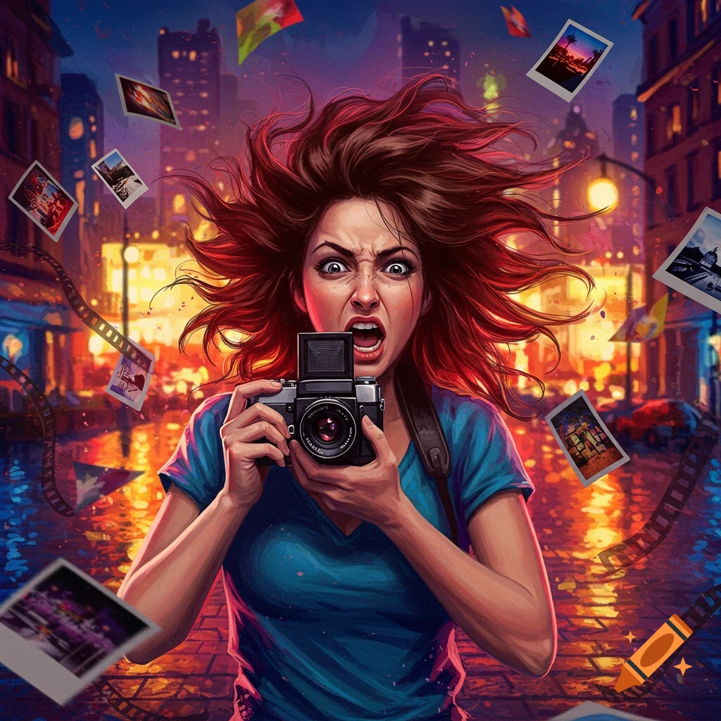 An illustrated portrait of a frazzled female photographer with wild red hair, holding a camera in a vibrant, stylized city night scene with floating photographs and film reels.