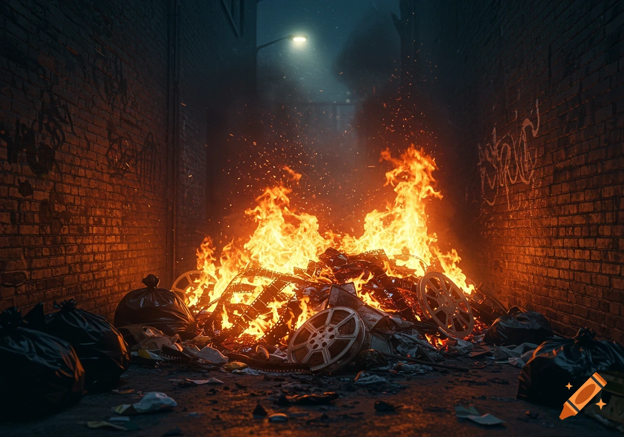 Large bonfire burning trash and old movie reels in a dark, grimy brick alley at night, with garbage bags on the ground.