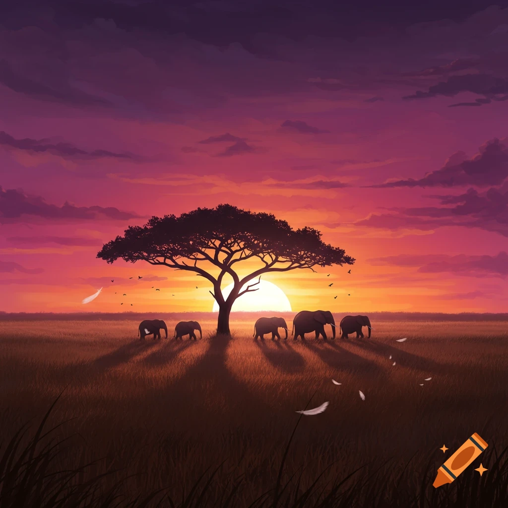 Silhouettes of elephants walk across a savanna at sunset with a large acacia tree against a vibrant purple and orange sky, stylized.