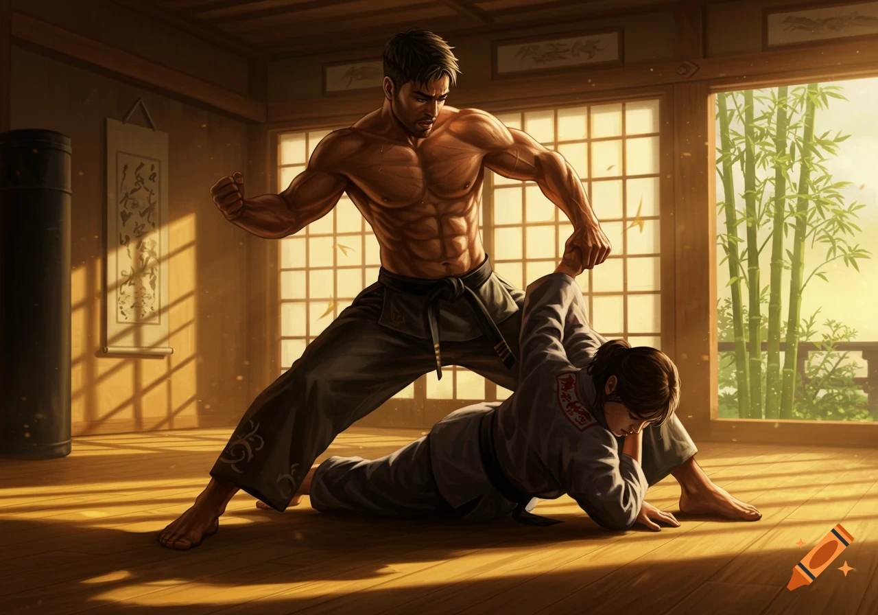 A muscular male martial artist pins a female martial artist in a sunlit dojo, digital art.