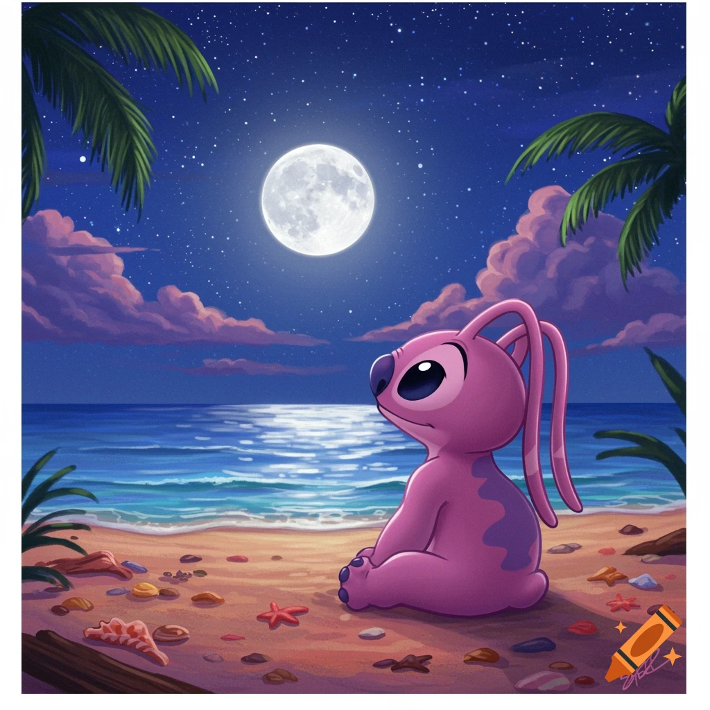 A cute pink alien character, Angel from Lilo and Stitch, sits on a moonlit beach at night, gazing at the full moon.