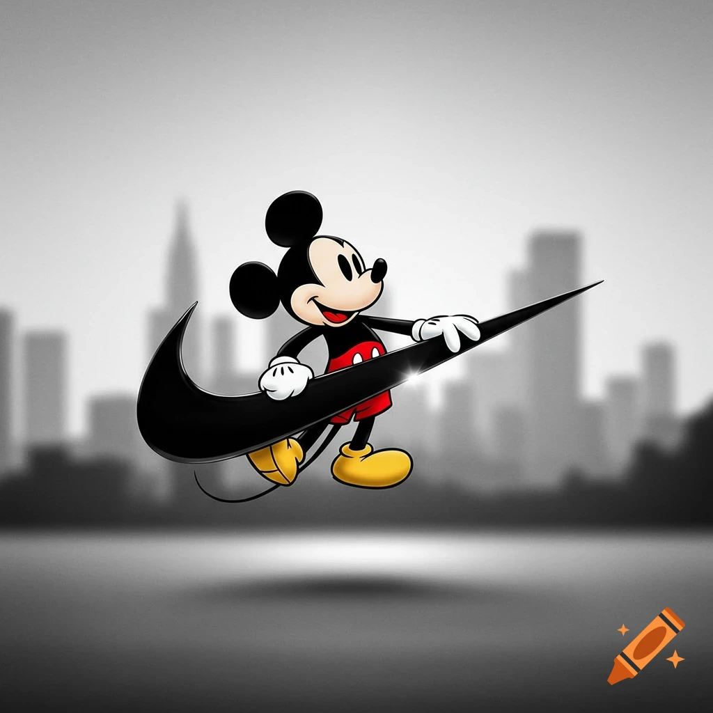 Mickey Mouse, a cartoon character, holds a black Nike swoosh logo in front of a blurry grayscale city background.