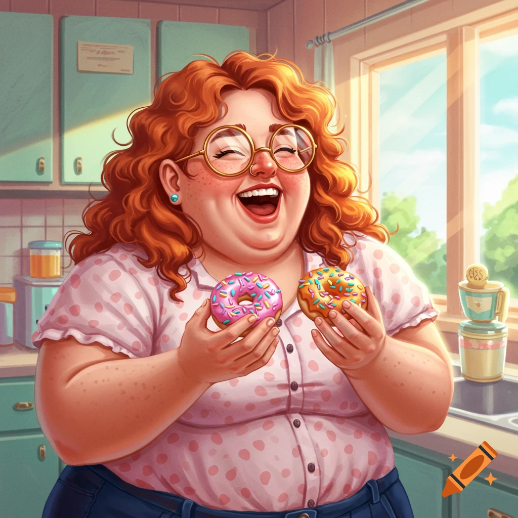 Happy red-haired woman with glasses laughs in a bright kitchen, holding a pink donut and an orange donut.