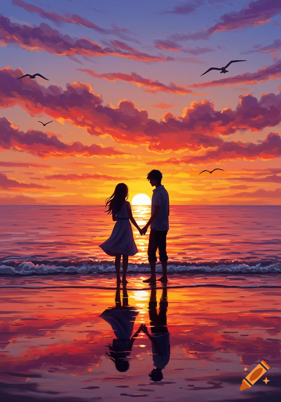 An anime illustration of a couple holding hands on a beach at sunset, with colorful reflections on the wet sand.