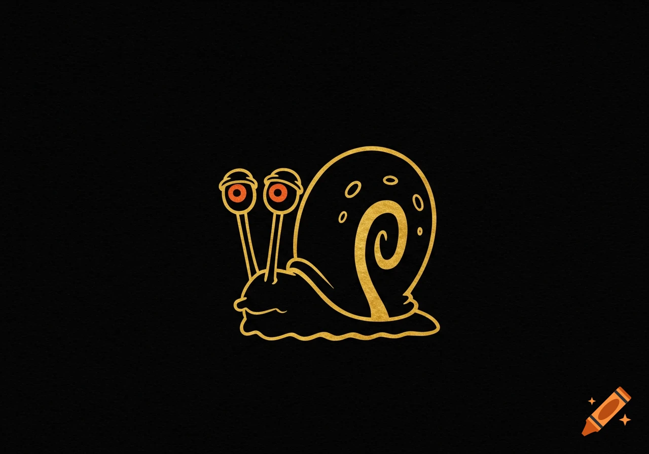 A stylized gold line art illustration of Gary the snail from Spongebob on a black background.