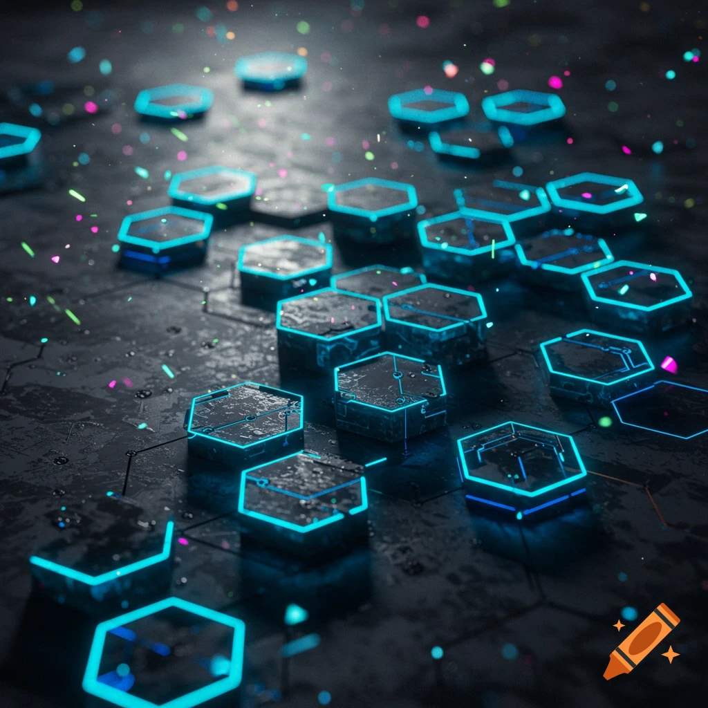 Glowing blue hexagonal patterns on a dark textured surface with colorful light particles, in a futuristic style.