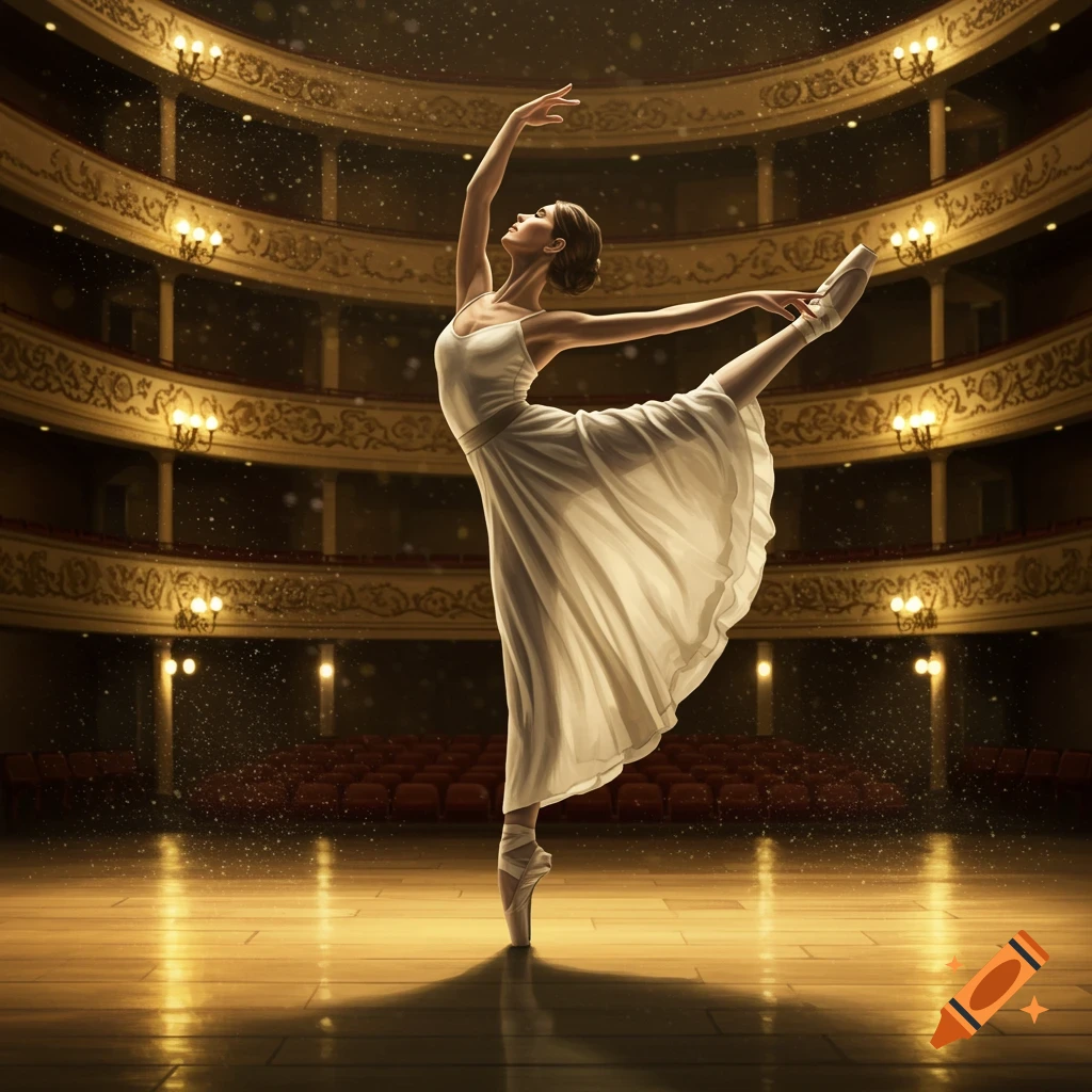 A graceful ballet dancer in a white dress performs on pointe on a wooden stage in a grand, empty theater.