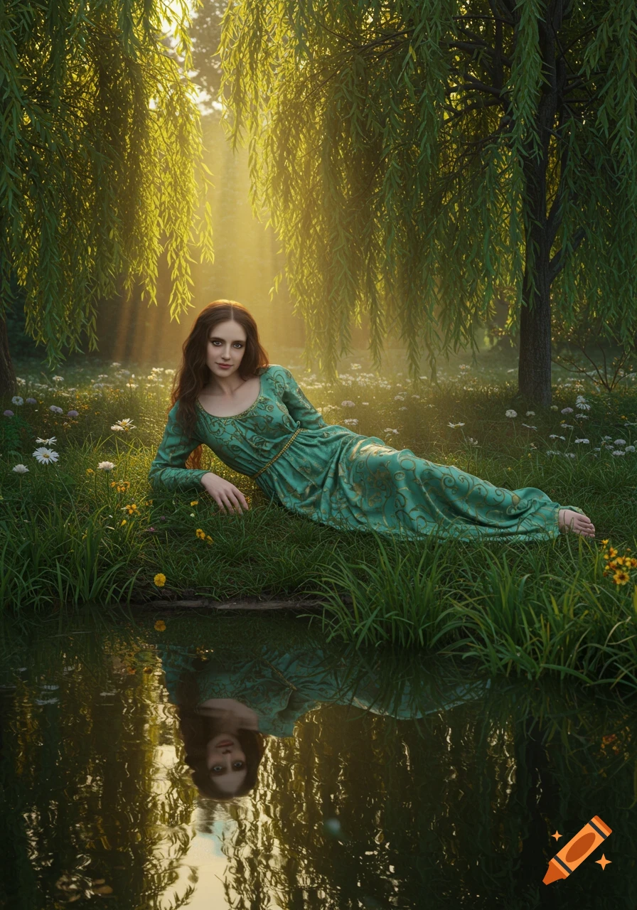 A woman with long hair in a green dress lies by a reflective pond under golden sunlit willow trees.