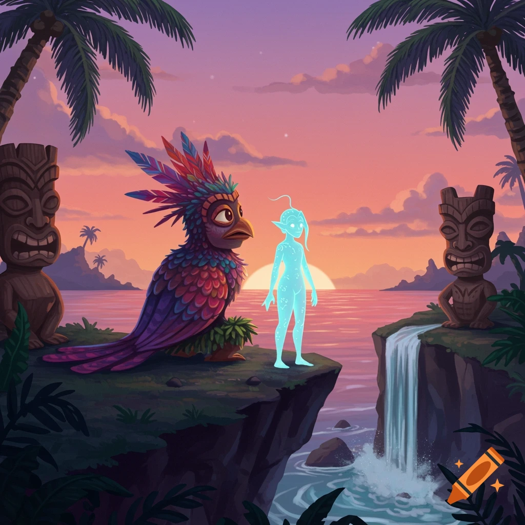 A colorful feathered bird and a glowing blue humanoid stand on a cliff overlooking the ocean at sunset, flanked by tiki statues and palm trees.