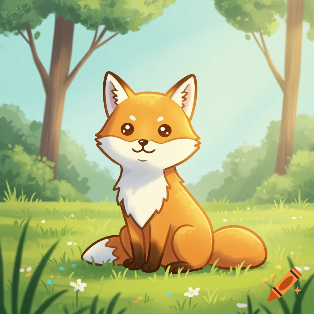 A cute, happy cartoon fox with orange fur and white markings sits in a green forest clearing.