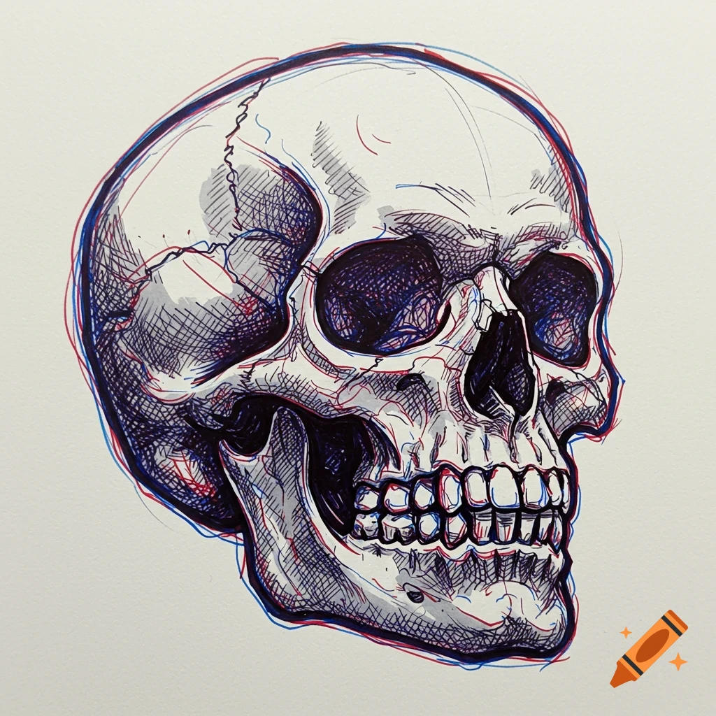 A stylized sketch of a human skull, drawn with overlapping red and blue lines against a white background.