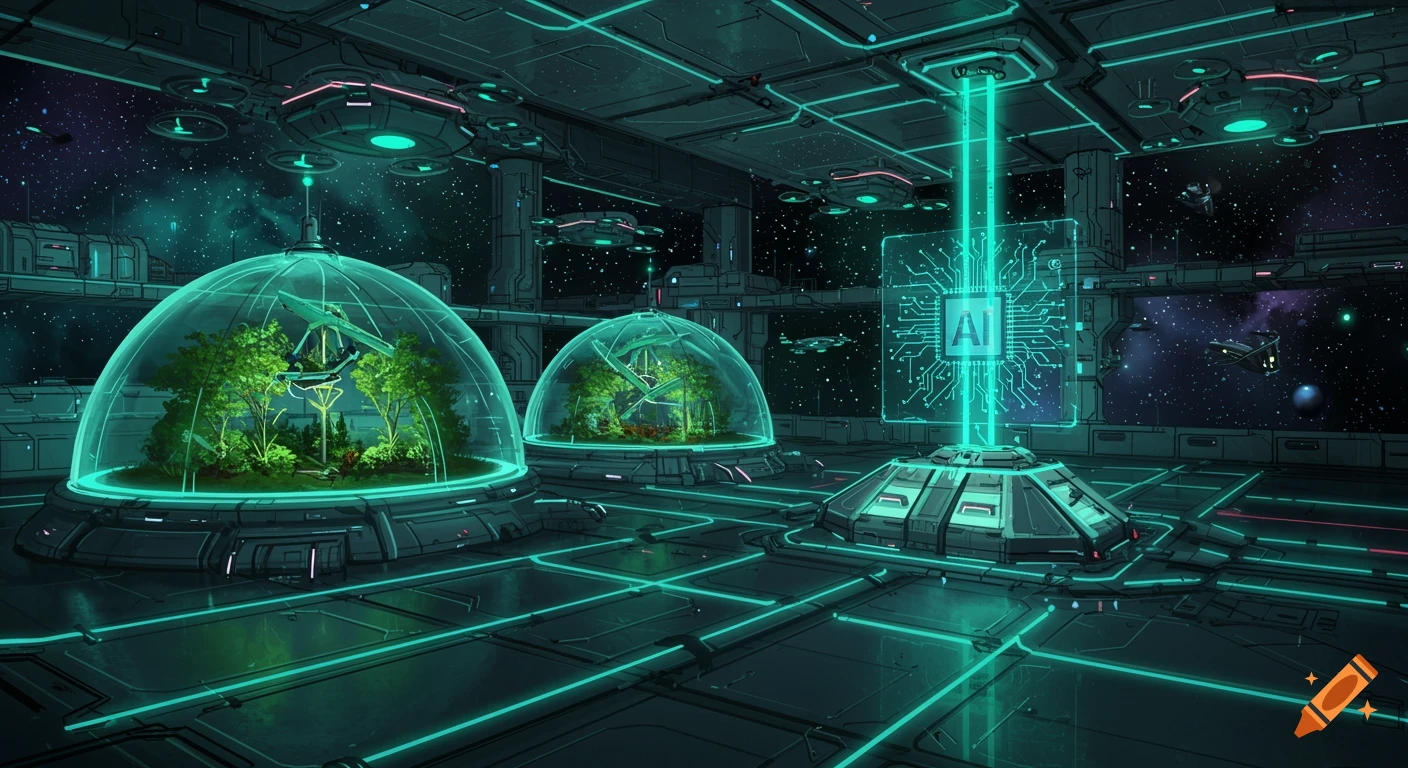 A futuristic AI security system in a space settlement, featuring glowing green structures, bio-domes with lush trees, and spaceships in the background.